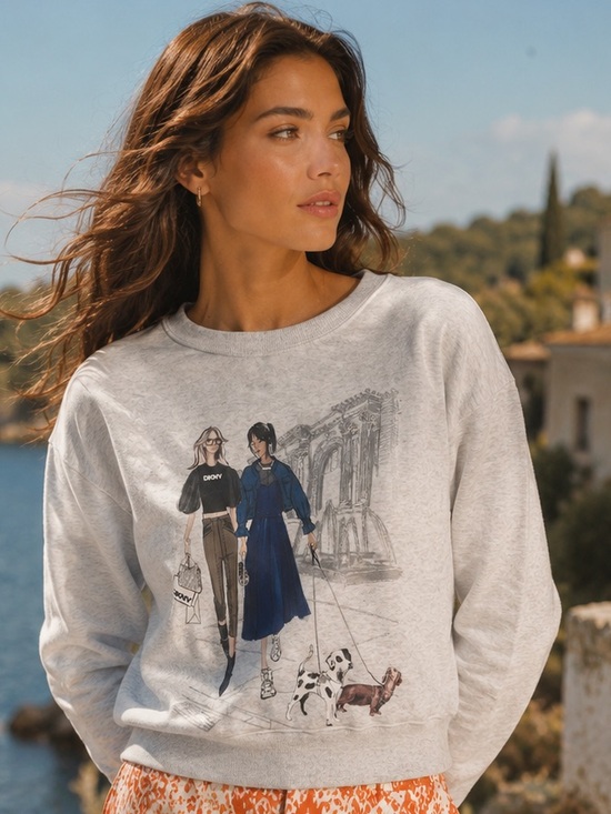 Dkny Sweaters - DKNY Light Gray Graphic Crew Neck Sweater